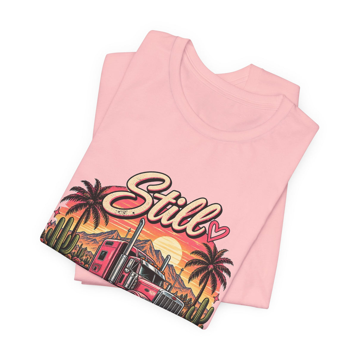 Still Plays With Trucks T-Shirt, Retro Vintage Truck Driver Tee, Funny Semi Truck Shirt, Mother Trucker – Pink