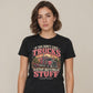 Woman wearing the Stop Buying Stuff tee