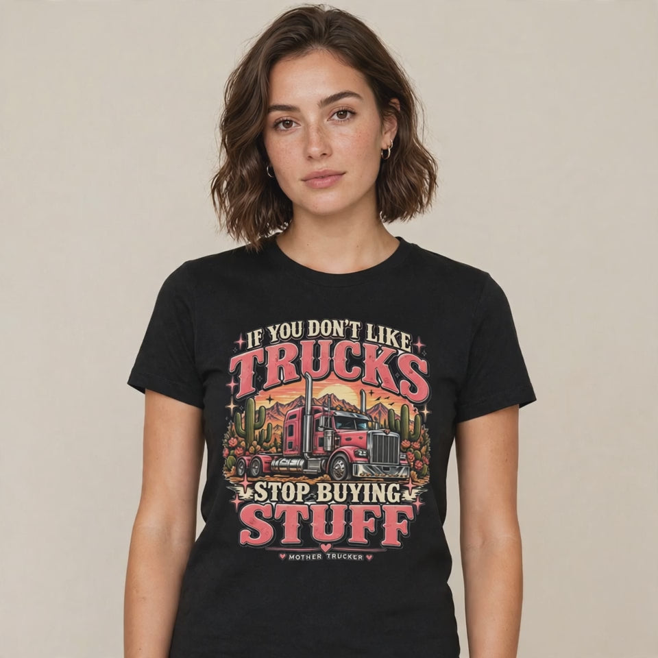 Woman wearing the Stop Buying Stuff tee