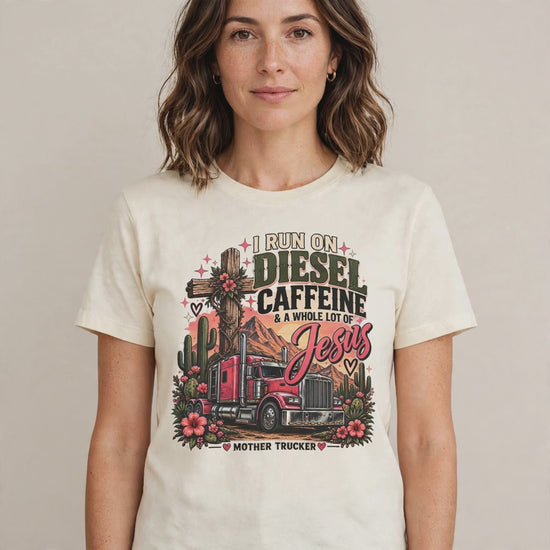 Woman wearing the Diesel Caffeine Jesus tee