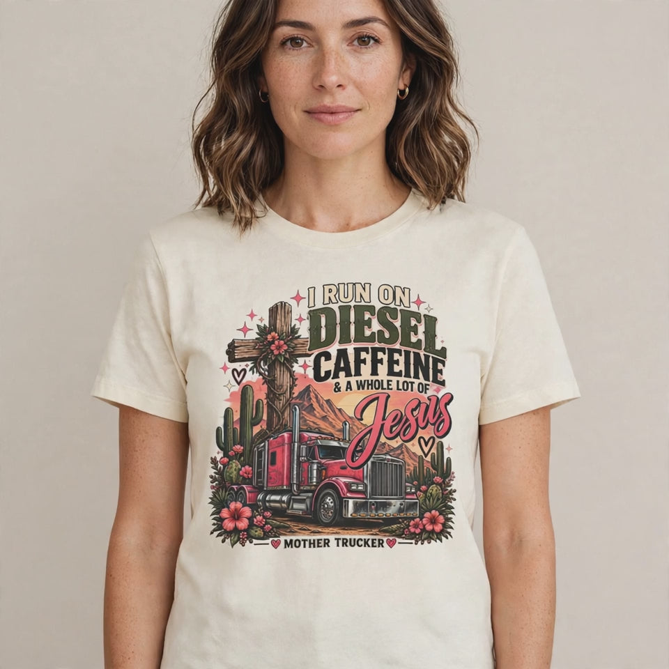 Woman wearing the Diesel Caffeine Jesus tee