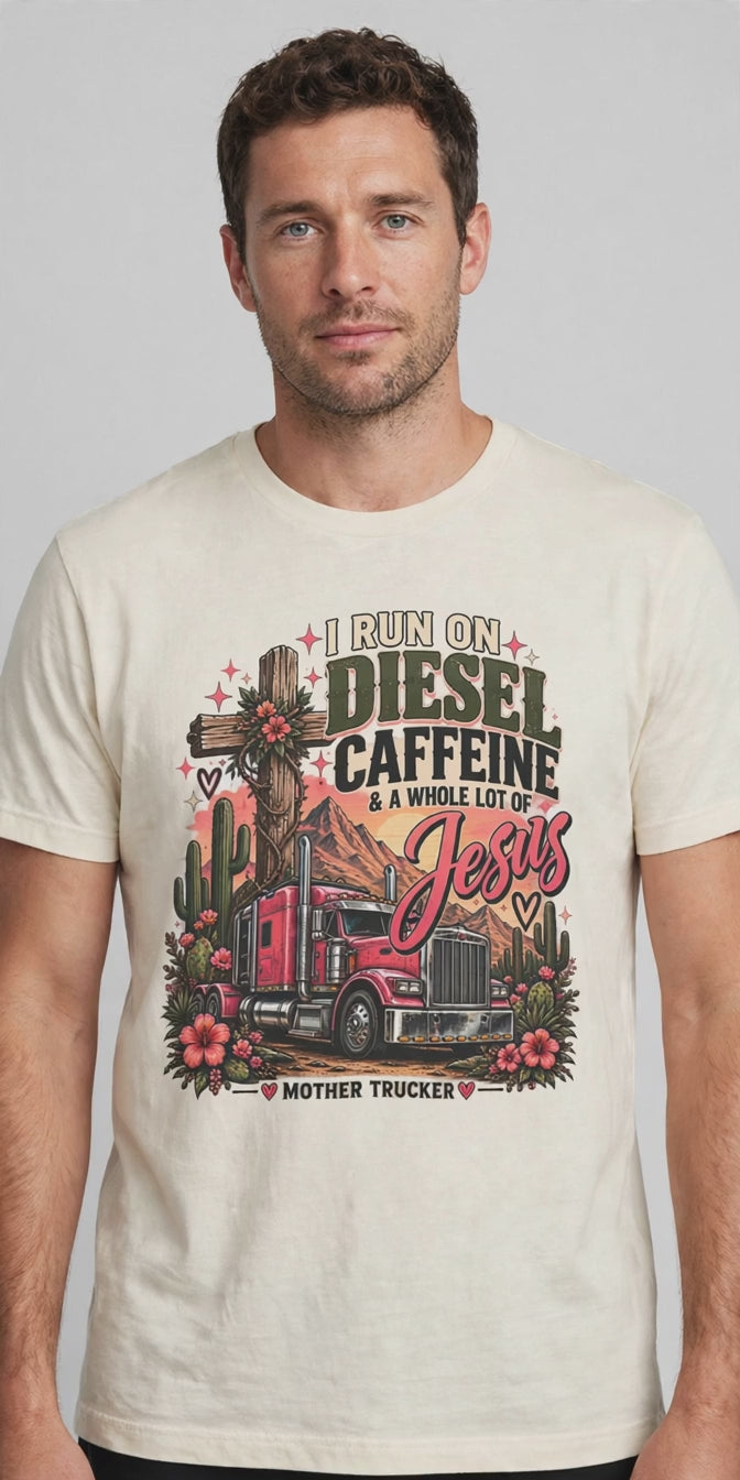 Man wearing the Diesel Caffeine Jesus tee
