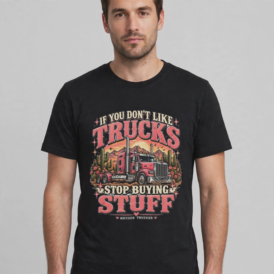Man wearing the Stop Buying Stuff tee